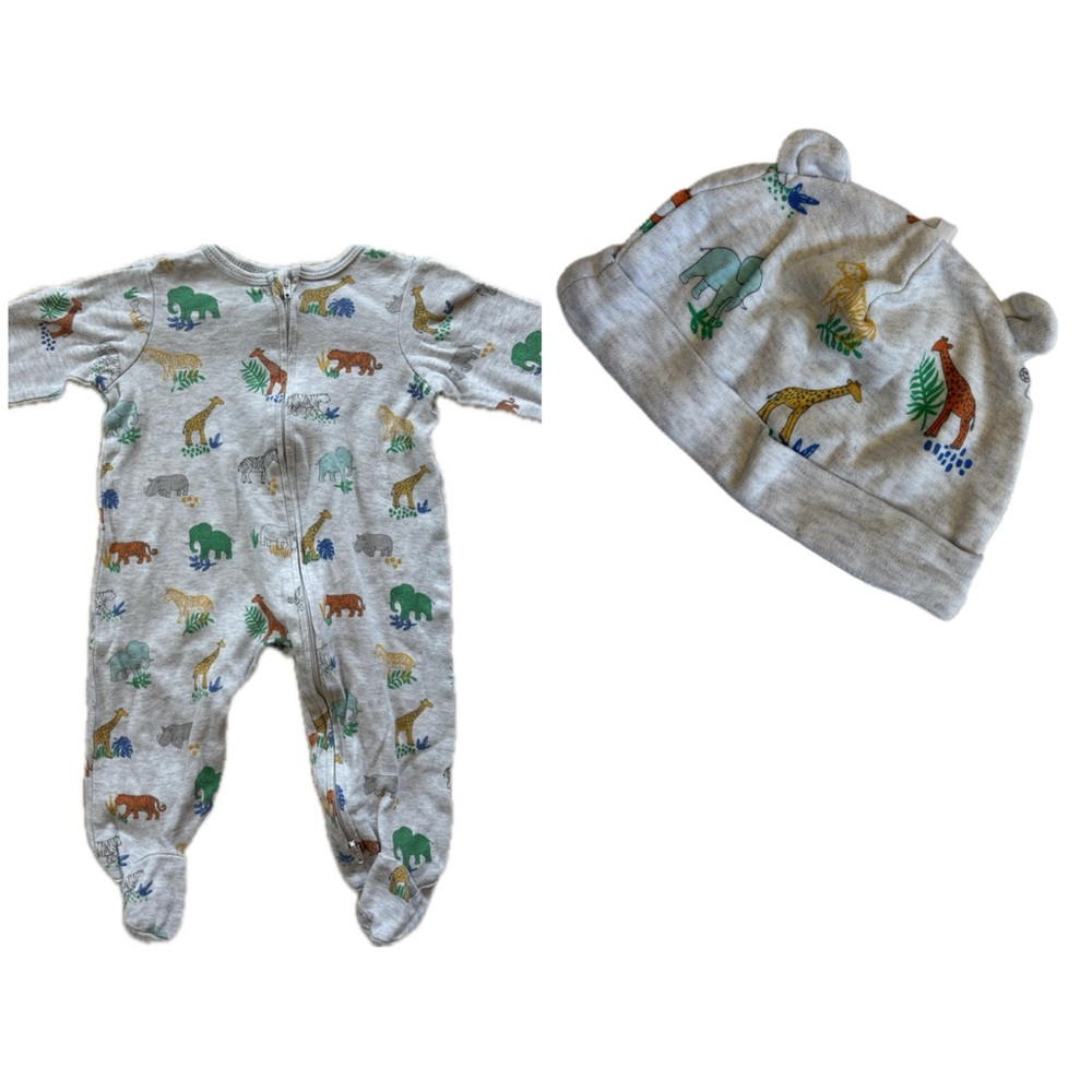 Little Me Animal Print baby sleep and play footed pajama 6m with matching hat.